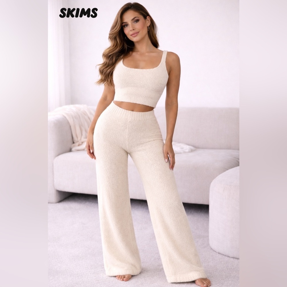 SKIMS Cozy Knit‎ Matching Set Cream L/XL Tank Top & Wide Leg Pants Lounge